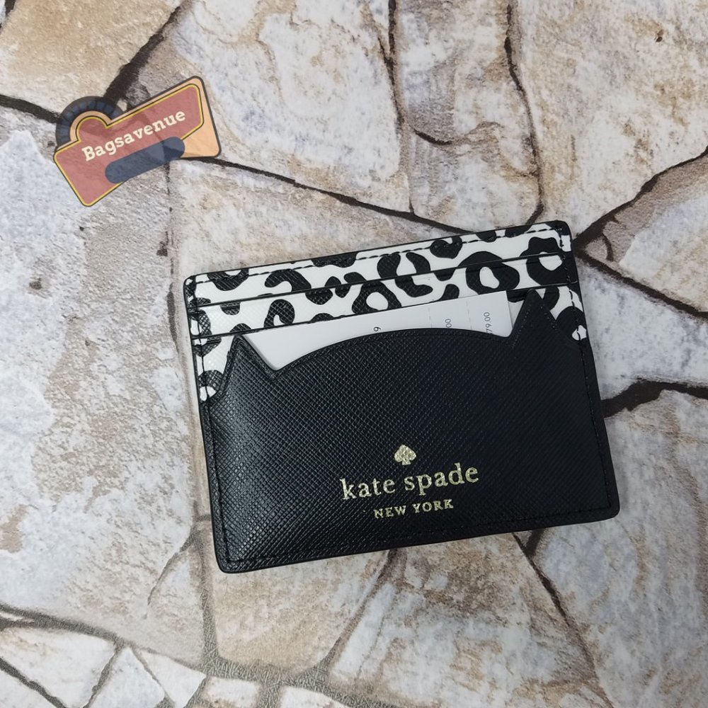 Meow Cat Slim Card Holder Small Wallet Staci Black White Leopard Kate Spade - Picture 2 of 3